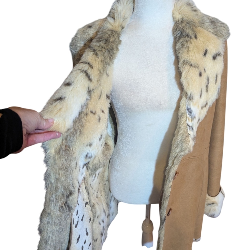 Vtg Y2K Talbots Penny Lane Tan Faux Sherpa Suede/Snow Leopard Fur Lined Coat - Picture 6 of 11